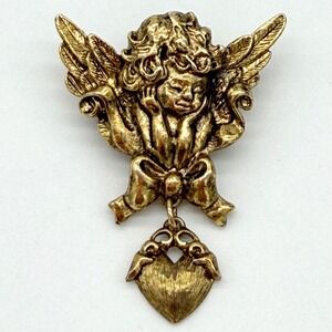 Vintage Cherub Angel Brooch Gold Tone Dangle Heart Victorian‎ Style USA Pin